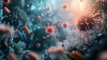 Microscopic View of Red and Blue Viruses Surrounded by Organic Matter