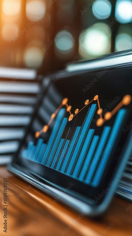 Poster a tablet with a graph on it is on top of a stack of books. the graph shows a downward trend, which c