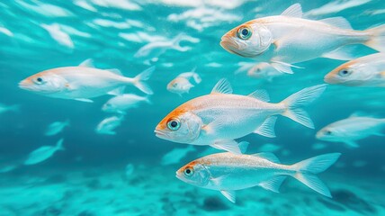 Fototapeta premium A vibrant underwater scene featuring schools of fish swimming gracefully through clear blue waters.