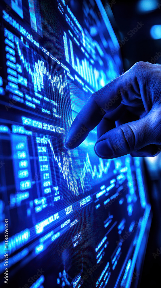 Poster a hand is pointing at a screen with a lot of numbers and graphs. concept of importance and urgency, 