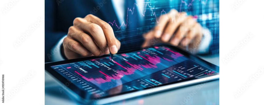 Aufkleber a man is using a tablet to draw a graph. concept of focus and concentration as the man carefully dra