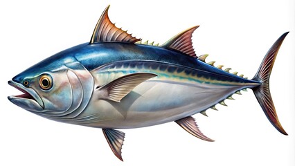 Fototapeta premium Sharptoothed Dogtooth Tuna: Deepsea Predator in Panoramic View, Game Fish with Streamlined Body on White Background