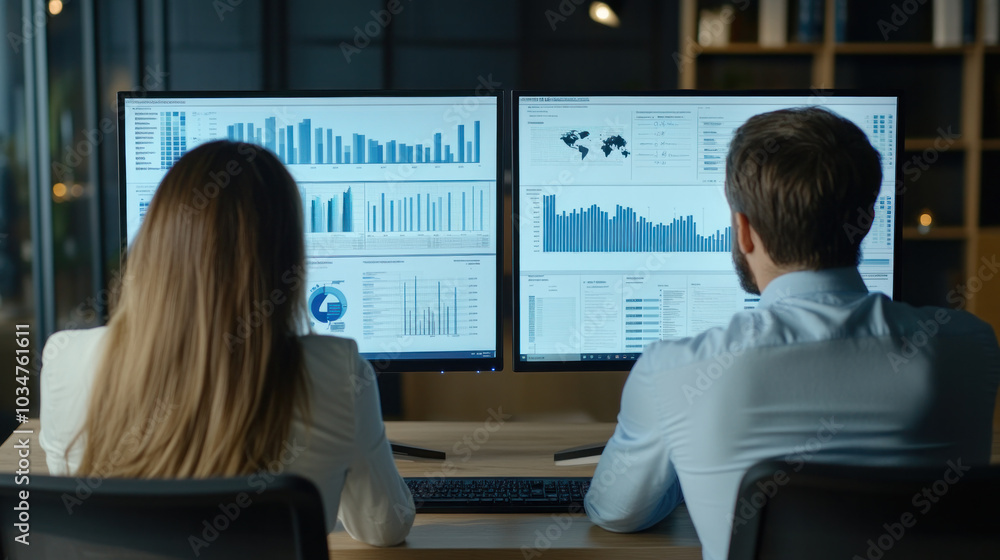 Poster two people are sitting at a desk looking at computer monitors. one of the monitors is showing a grap