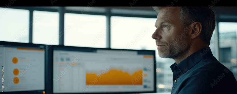 Poster a man is looking at a computer screen with three monitors. he is focused on the screen and he is wor