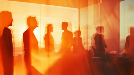 Double exposure of light and shadow figures in a collaborative environment, abstract gradient transitions