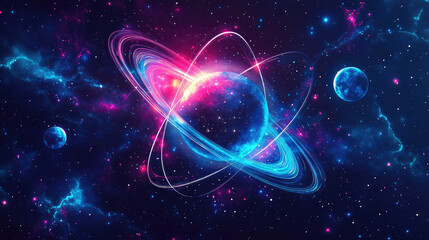 Electrons and atoms in the universe. Technology concept