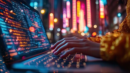 hands typing on laptop keyboard with code snippets representing dat extraction transformation and loading etl processes