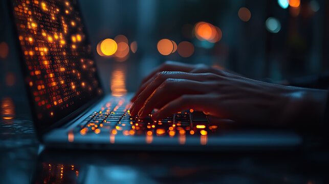 hands typing on laptop keyboard with code snippets representing dat extraction transformation and loading etl processes.illustration