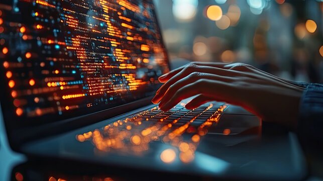 hands typing on laptop keyboard with code snippets representing dat extraction transformation and loading etl processes.image