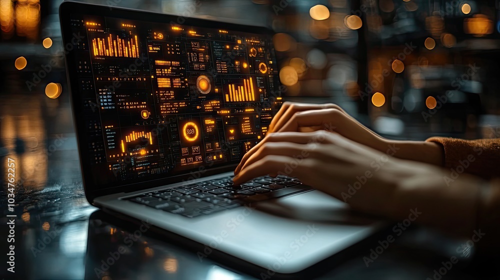 Poster hands typing on laptop with dat visualization overlays representing dat analytics and processing.ima