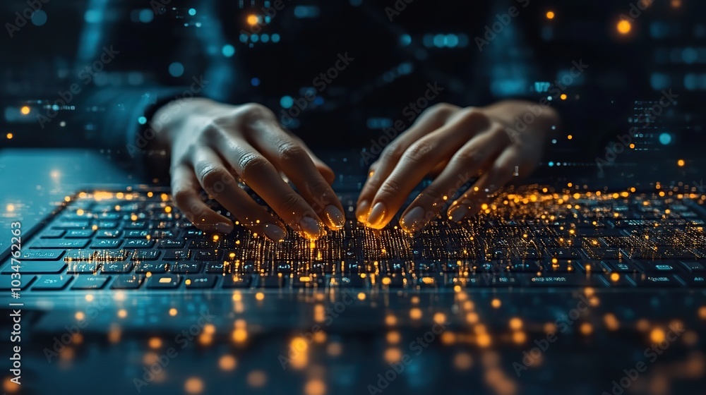 Poster hands typing on laptop with dat visualization overlays representing dat analytics and processing.ill