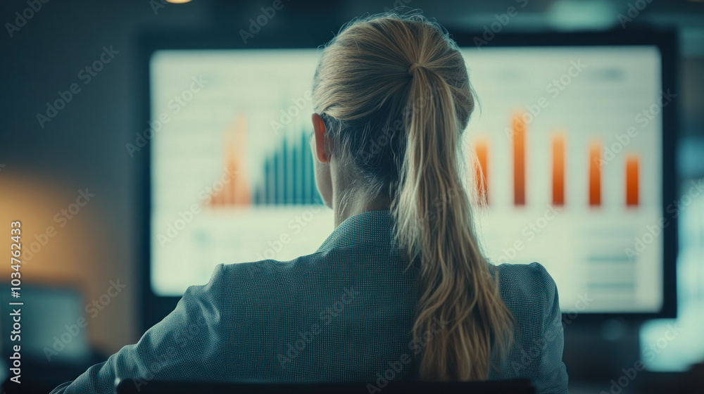 Poster a woman is sitting in front of a computer monitor with a graph on it. she is wearing a black jacket 