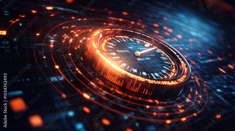 Poster a digital clock with a red face and orange numbers. the clock is surrounded by a blue background