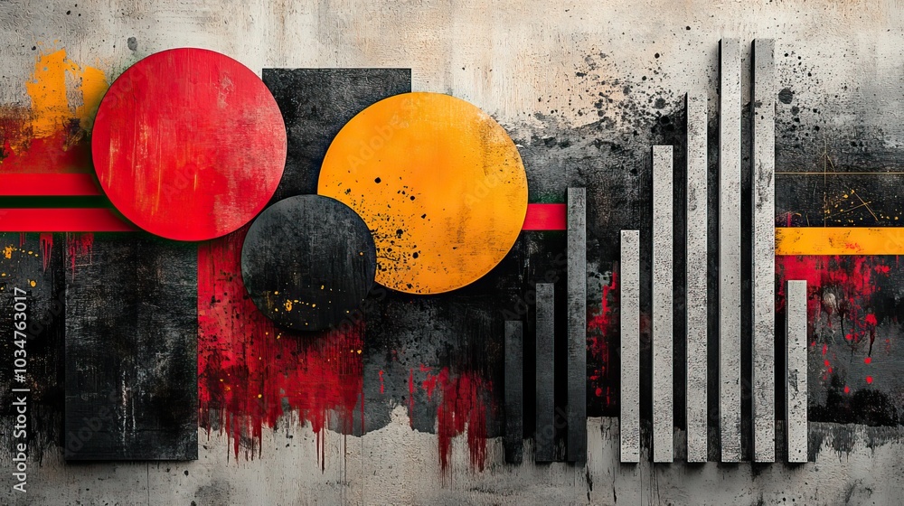 Poster high contrast collage with vibrant colors abstract shapes and dynamic patterns main objects include 