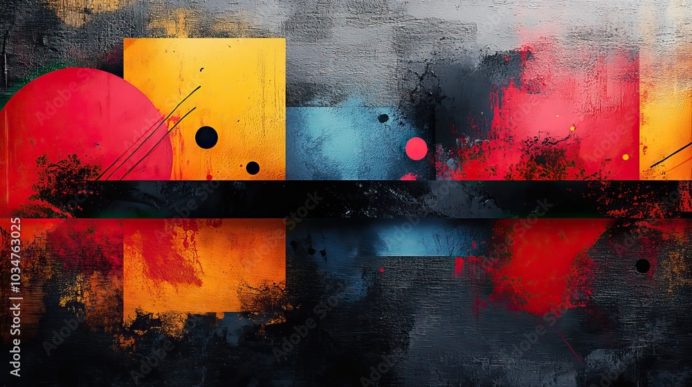 Poster high contrast collage with vibrant colors abstract shapes and dynamic patterns main objects include 