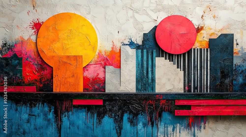 Poster high contrast collage with vibrant colors abstract shapes and dynamic patterns main objects include 