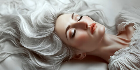 Serene Slumber: A Fairytale Dream &mdash; A portrait of a woman with flowing platinum blonde hair, peacefully asleep.  The image evokes a sense of tranquility and ethereal beauty.