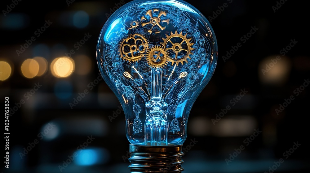 Poster illuminated blue light bulb with intricate gears inside symbolizing the intersection of machine lear
