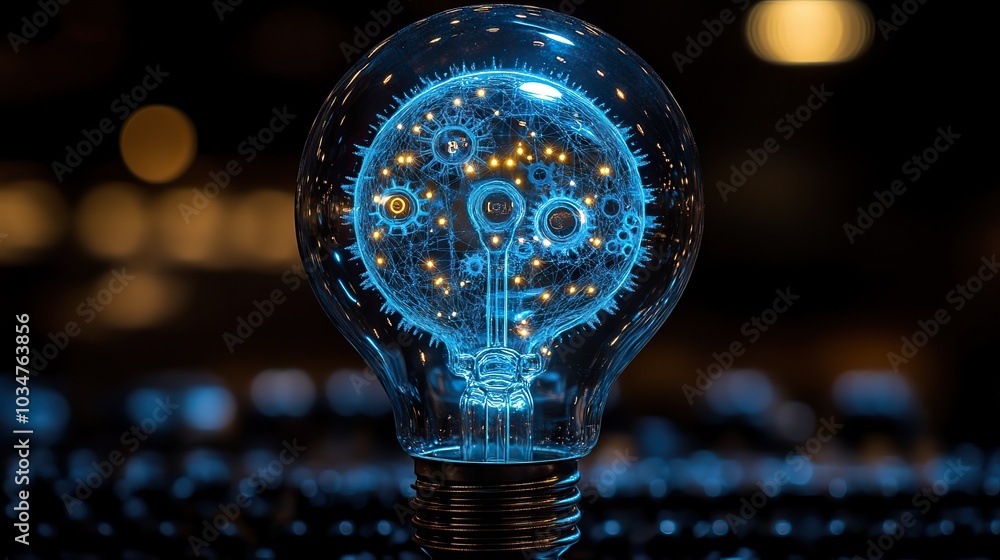 Poster illuminated blue light bulb with intricate gears inside symbolizing the intersection of machine lear