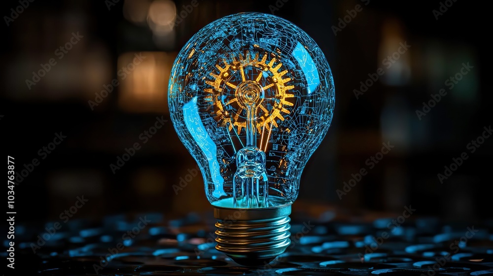 Poster illuminated blue light bulb with intricate gears inside symbolizing the intersection of machine lear