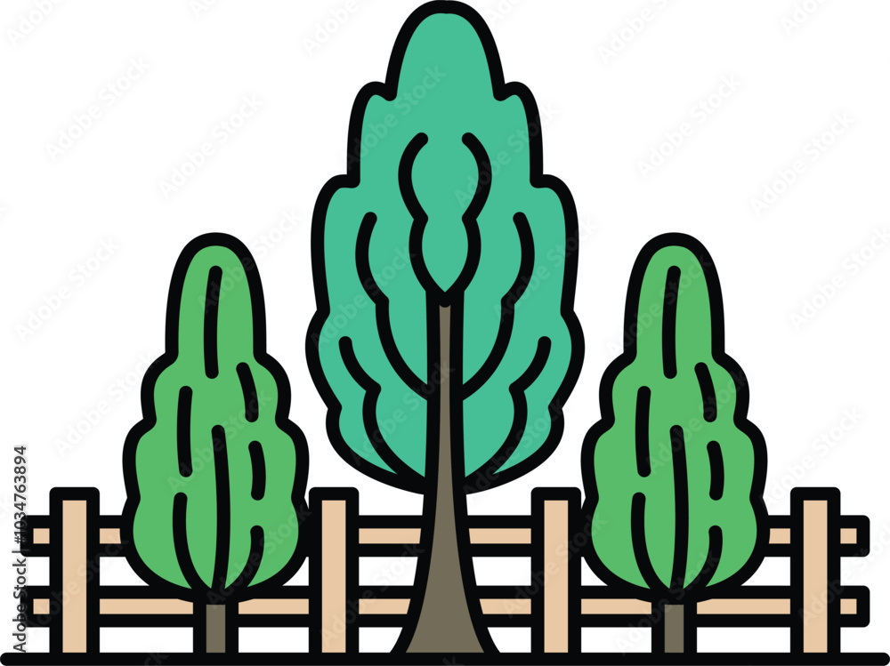 Aufkleber three trees are in a row with a wooden fence in between them