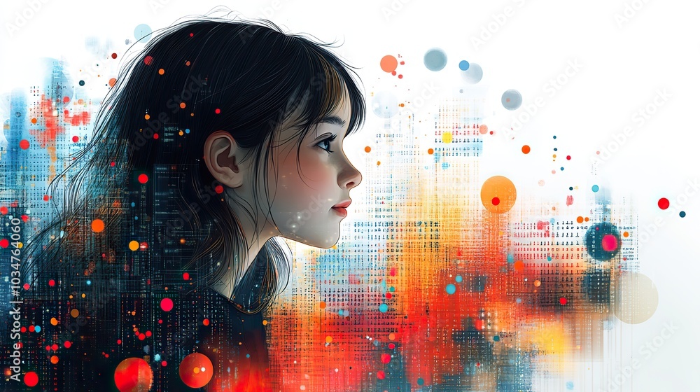 Poster featuring girl immersed in learning to code abstract shapes represent dat structures symbolizing the