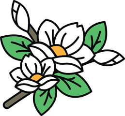 A drawing of a flower with green leaves and white petals