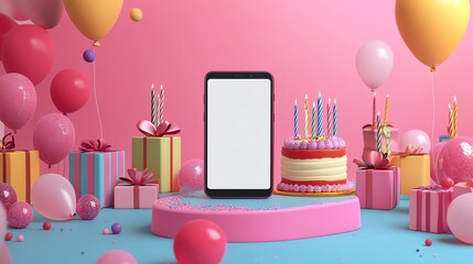 Smartphone on pastel background with birthday cake, balloons, and gifts.