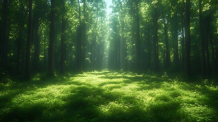 Obraz premium Sunbeams stream through a lush green forest, casting long shadows on the mossy forest floor.