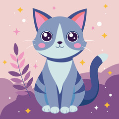 Gray and white cat with big sparkling eyes, pink ears, navy blue striped and tail, pastel background color.