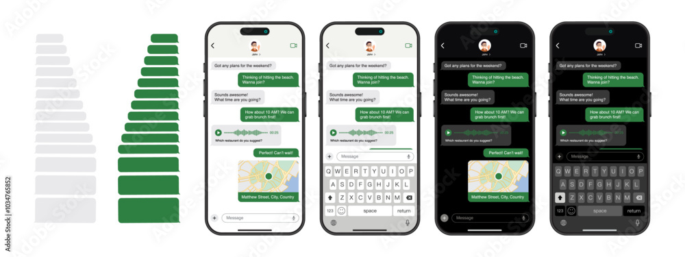 Poster smartphone messaging app: vector ui and ux design with dark and light mode, chat bubbles, map sharin