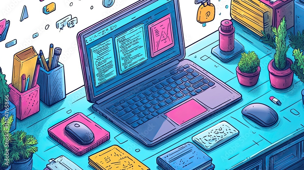 Poster tutoring and coding help concept featuring doodle style laptop with hands and open window screens sy