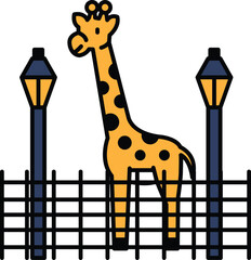 A giraffe standing in front of a fence with two street lamps behind it