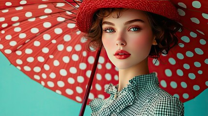 Vogue cover from the year 2035, vintage magazine ad with a polka dot umbrella, a woman