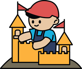 Illustration of children building sand castles in line drawing style.