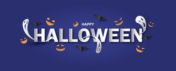 Obraz premium Happy halloween text with ghost, bat, ghostface and elements in scary spooky night background. Happy Halloween Text Banner. paper cut and craft style. vector, illustration.