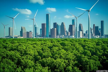 Fototapeta premium White wind turbines and green trees in front of a city skyline with a blue sky background. : Generative AI
