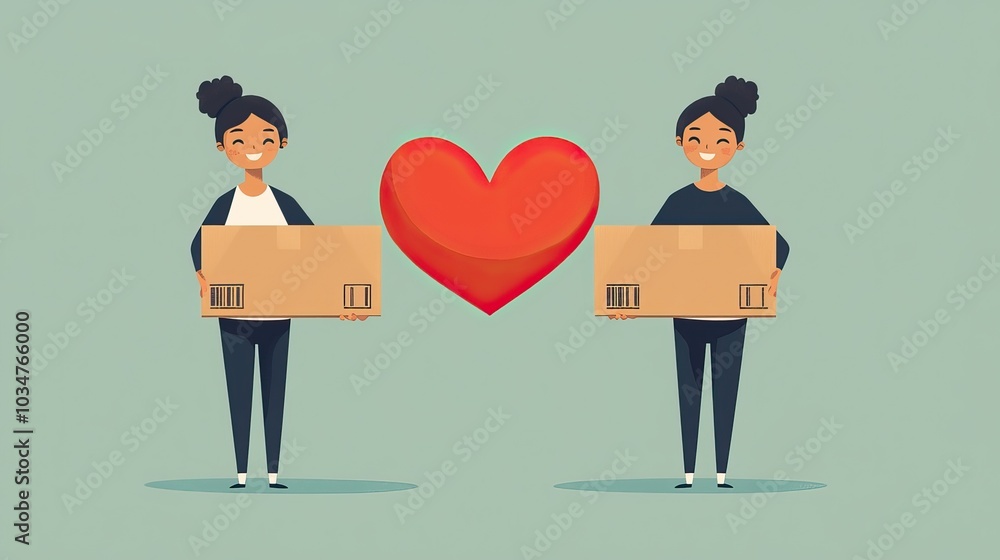 Poster two people collaborating in volunteer effort holding heart and boxes symbolizing community support a