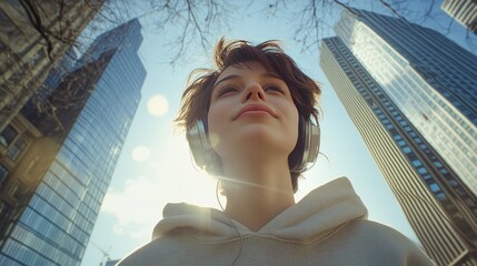 a young woman a 35 year old with short hair, in an oversize sweatshirt, listens to music on headphones in the center of the big city, midday sunlight, fish-eye lens effect, film grain