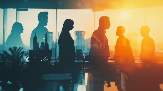 Silhouettes of business professionals in a collaborative meeting, double exposure with fluid gradient effects