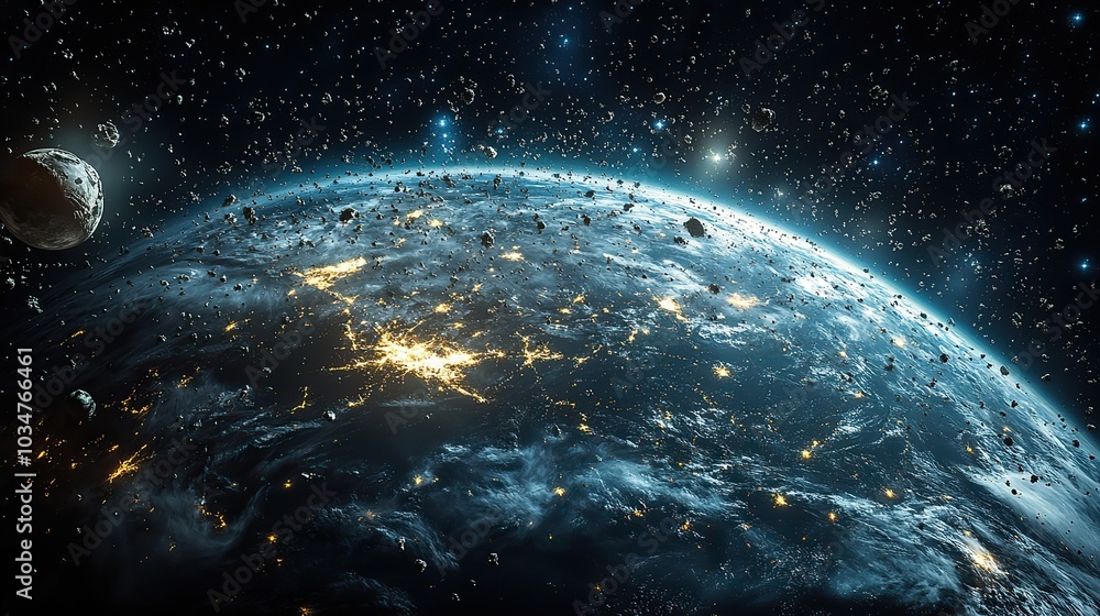 Poster image showing numerous pieces of orbital debris surrounding earth highlighting the issue of space ju