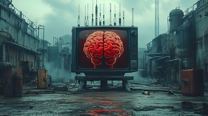 image of tv displaying fake news brain and syringes symbolizing medi manipulation and its impact on the mind.stock image