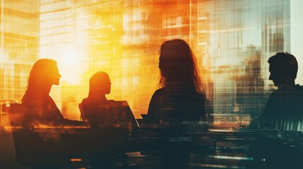 Silhouettes of professionals in a collaborative workspace, double exposure with fluid gradient effects