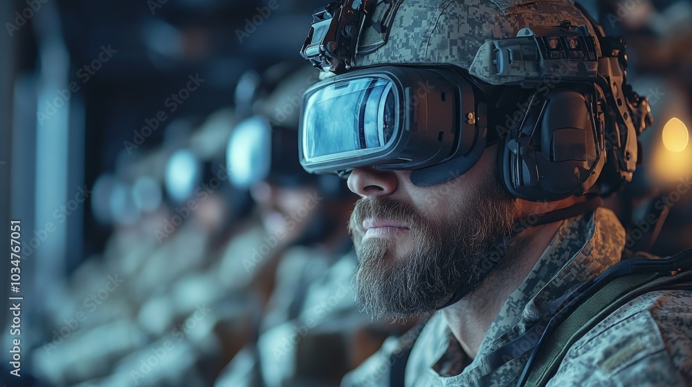 Aufkleber Soldiers equipped with virtual reality headsets participate in an immersive training session, enhancing their skills and teamwork in a futuristic environment.