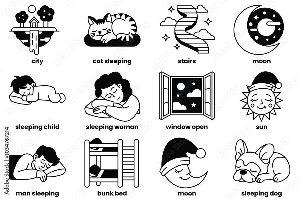 Poster a set of illustrations in the concept of dreams in a line drawing style