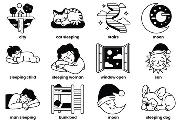 A set of illustrations in the concept of Dreams in a line drawing style