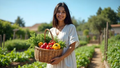 Young farmer woman holding a basket full of vegetables in a garden