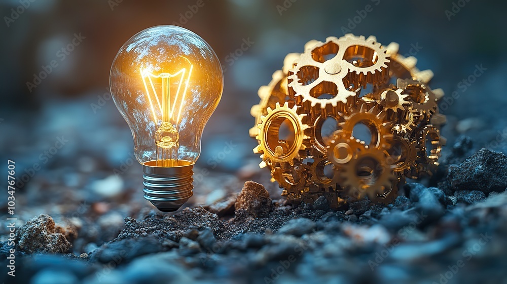 Poster innovative productivity concept featuring light bulb intertwined with gears symbolizing smart soluti