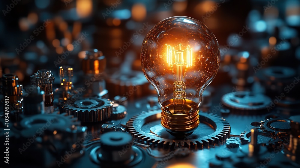 Poster innovative productivity concept featuring light bulb intertwined with gears symbolizing smart soluti