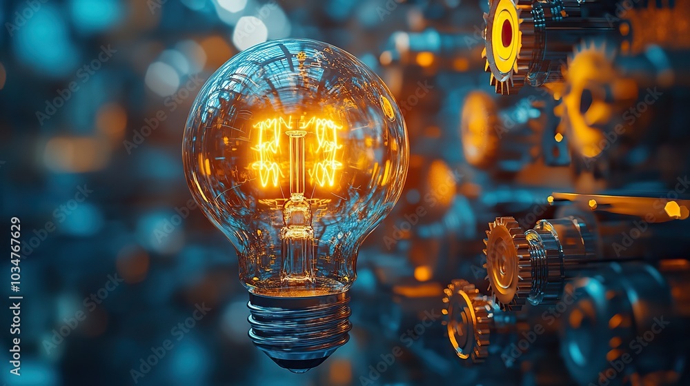 Poster innovative productivity concept featuring light bulb intertwined with gears symbolizing smart soluti